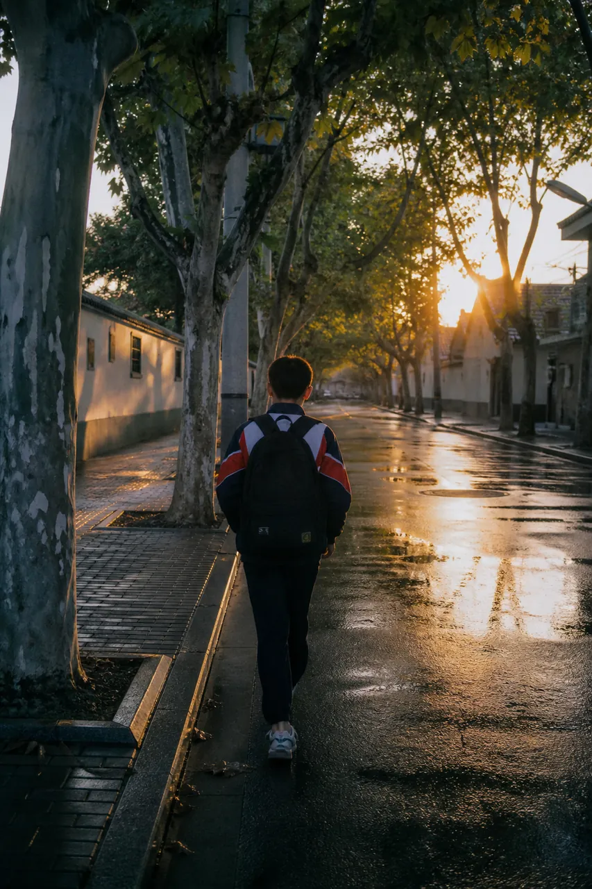 傍晚街道上背着书包回家的孩子